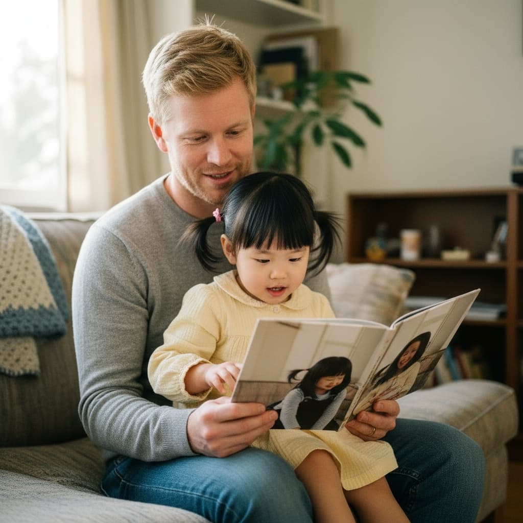 A white father reading "Mei's Beautiful Family" with his Asian toddler daughter on his lap