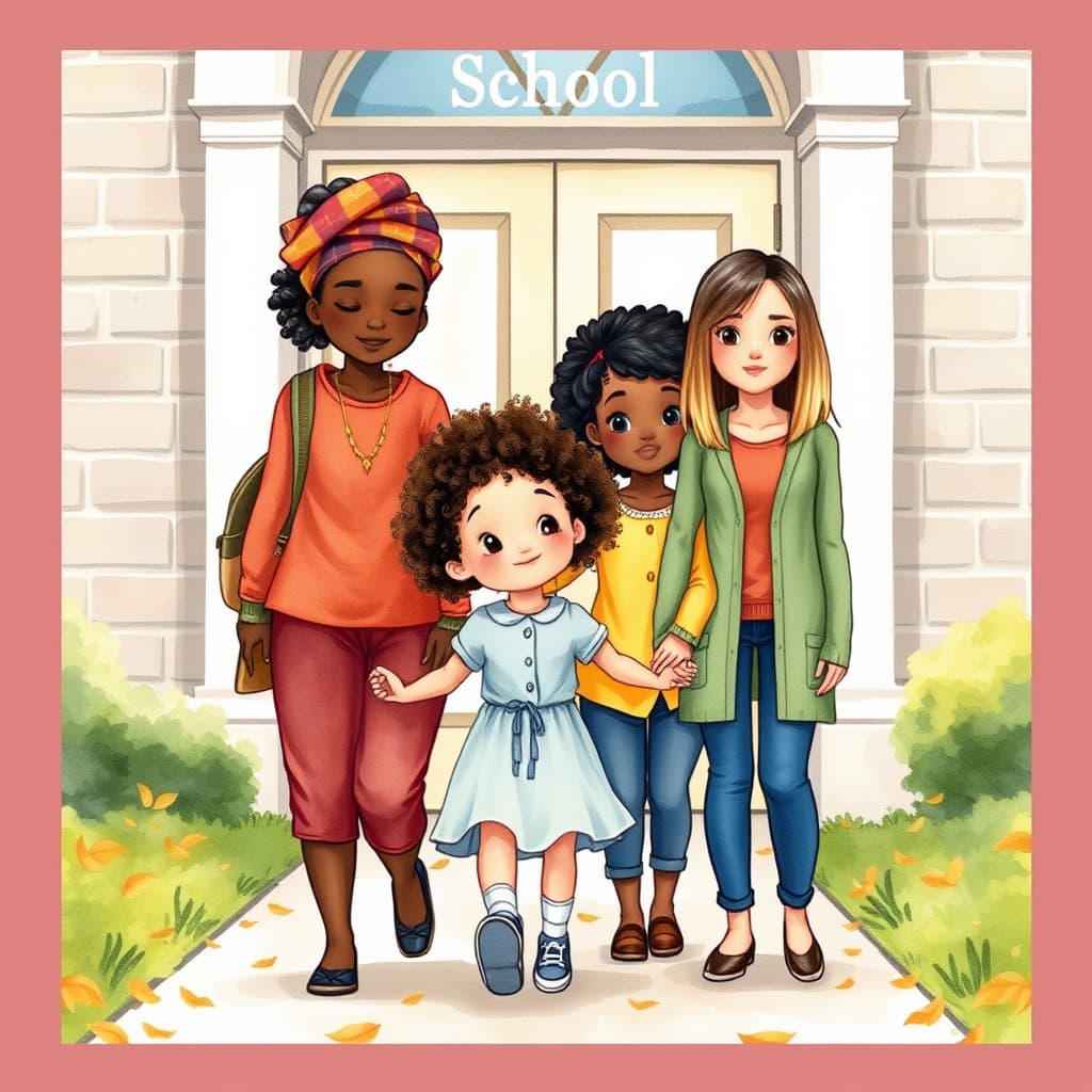 A biracial girl walking to school with her two moms