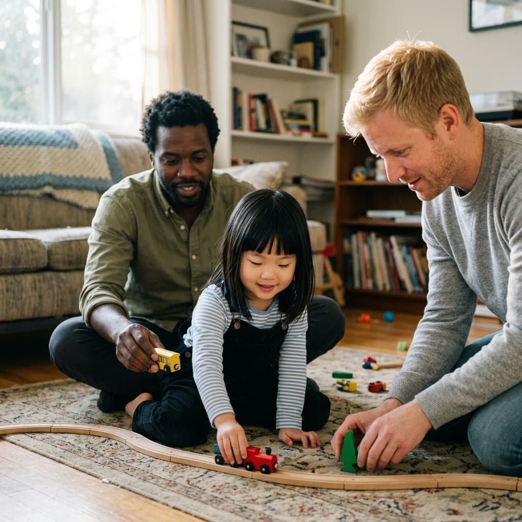 A young Asian girl playing with a toy on the rug between her two dads (one blond, one Black)