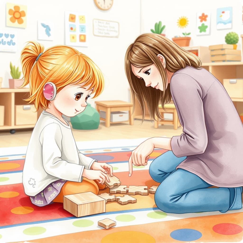 A girl with hearing aids working on a puzzle in a classroom