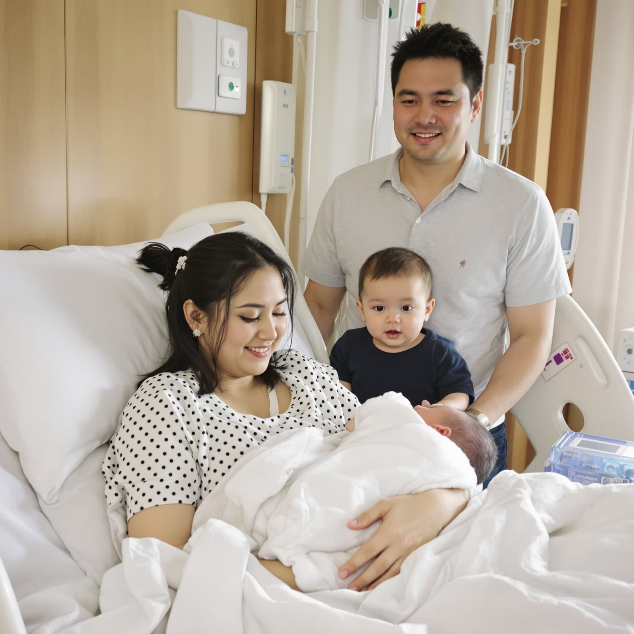 A boy meeting his newborn baby sister at the hospital