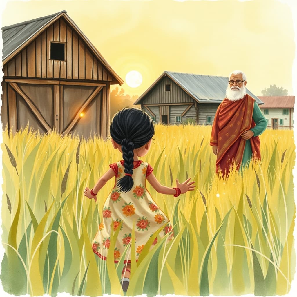A girl running through tall grass towards her grandparents on a farm